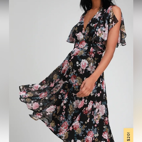 Lulus black floral midi faux wrap dress S - Picture 5 of 6